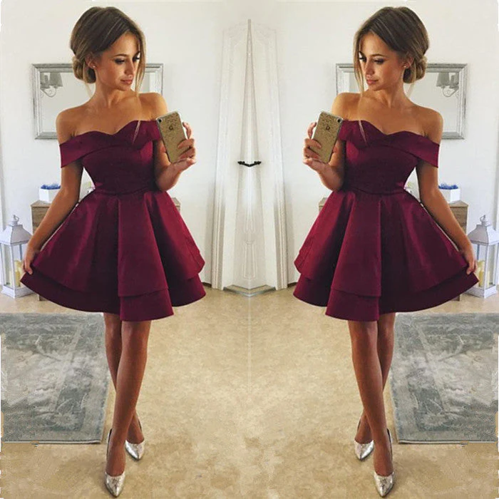 Simple Burgundy Short Homecoming Dresses Off Shoulder A-Line Hoco Dresses - Image 2