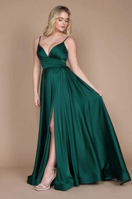 Chic Green Spaghetti-Straps Sleeveless Column Satin Evening Dresses With Ruffles - Image 3
