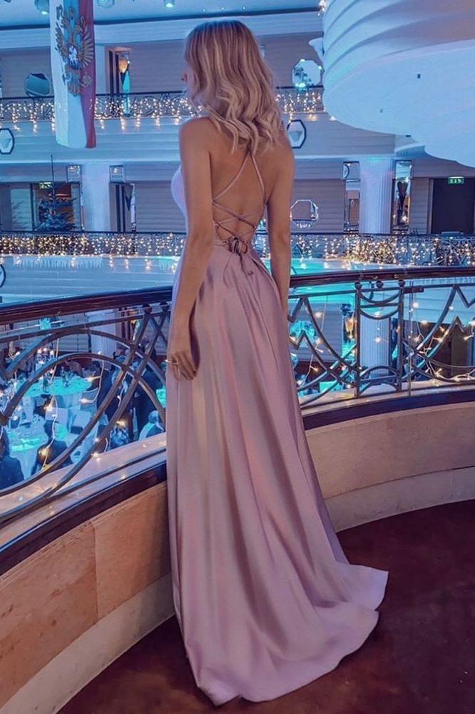 Simple Halter Backless Dusty Pink High split Long evening Dresses - Image 2