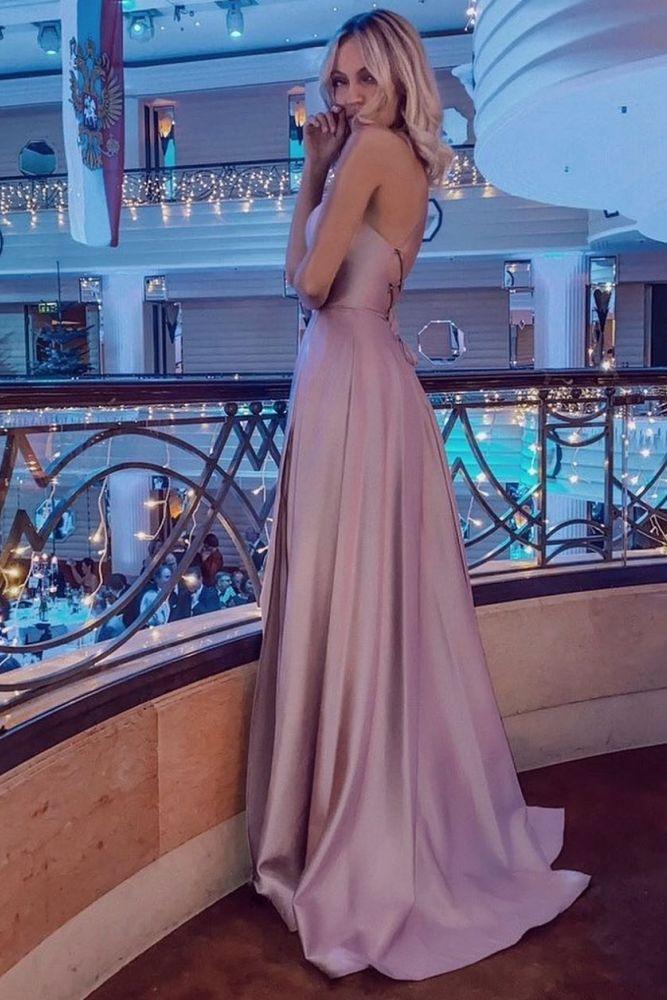 Simple Halter Backless Dusty Pink High split Long evening Dresses - Image 3