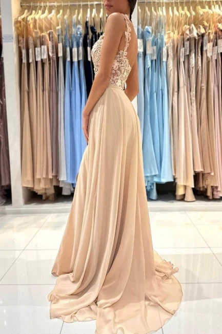 Ballbella Chic Lace Sleeveless Prom Dress With Slit Long Champagne - Image 2