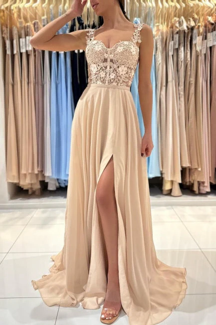 Ballbella Chic Lace Sleeveless Prom Dress With Slit Long Champagne - Image 3