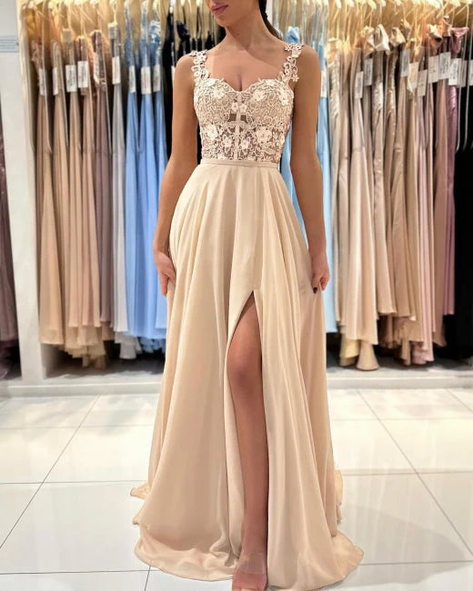 Ballbella Chic Lace Sleeveless Prom Dress With Slit Long Champagne - Image 4