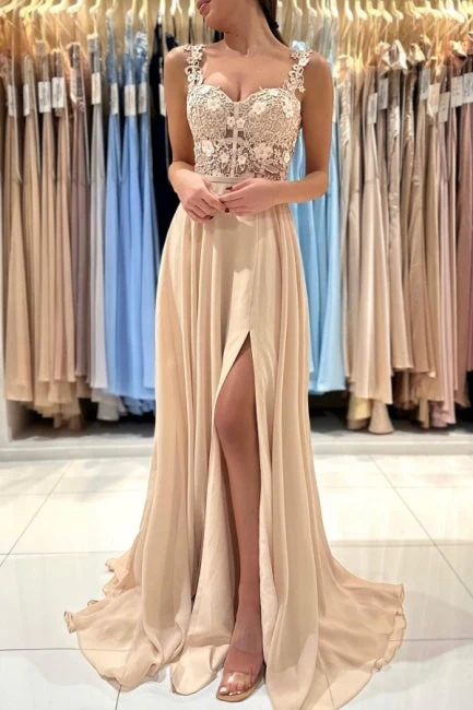 Ballbella Chic Lace Sleeveless Prom Dress With Slit Long Champagne - Image 5