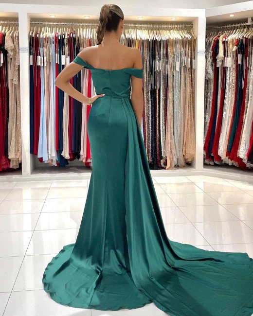 Modern Dark Green Off-the-shoulder Slit Mermaid Prom Dresses - Image 2