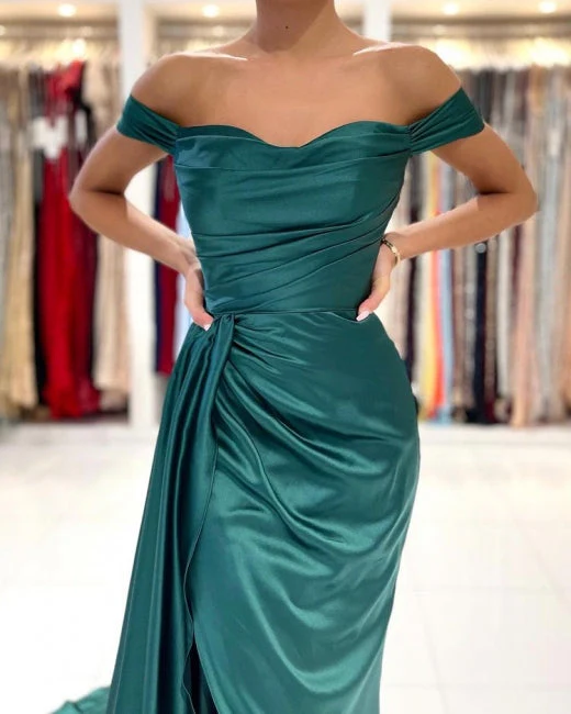 Modern Dark Green Off-the-shoulder Slit Mermaid Prom Dresses - Image 3
