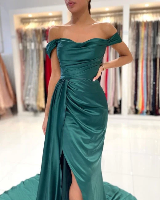 Modern Dark Green Off-the-shoulder Slit Mermaid Prom Dresses - Image 4