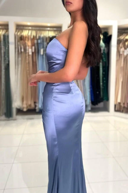 Gorgeous Long Dusty Blue Mermaid Satin Sleeveless Prom Dress With Slit - Image 3