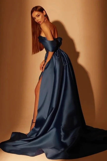 Fabulous Long Navy Blue A-line Off-the-shoulder Prom Dresses With Split Online - Image 2