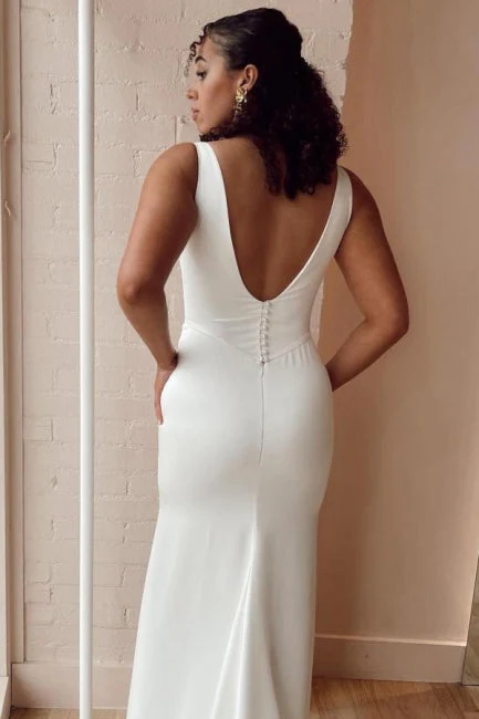 Gorgeous Long White Mermaid Satin Sleeveless Wedding Dresses with Slit - Image 3