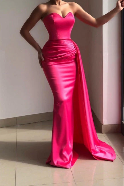 Chic Pink Strapless Sleeveless Mermaid Elastic Woven Satin Evening Dresses With Ruffles - Image 2