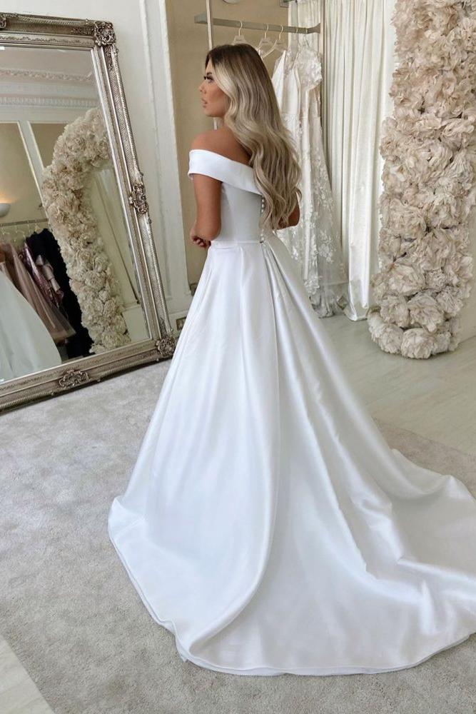 Simple Retro White Off the shoulder A line Bridal Gowns - Image 2