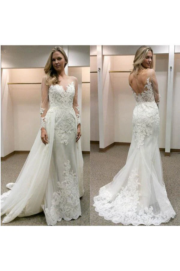 Simple Sheath Long Sleeves Tulle Appliques Open Back Wedding Dress - Image 2