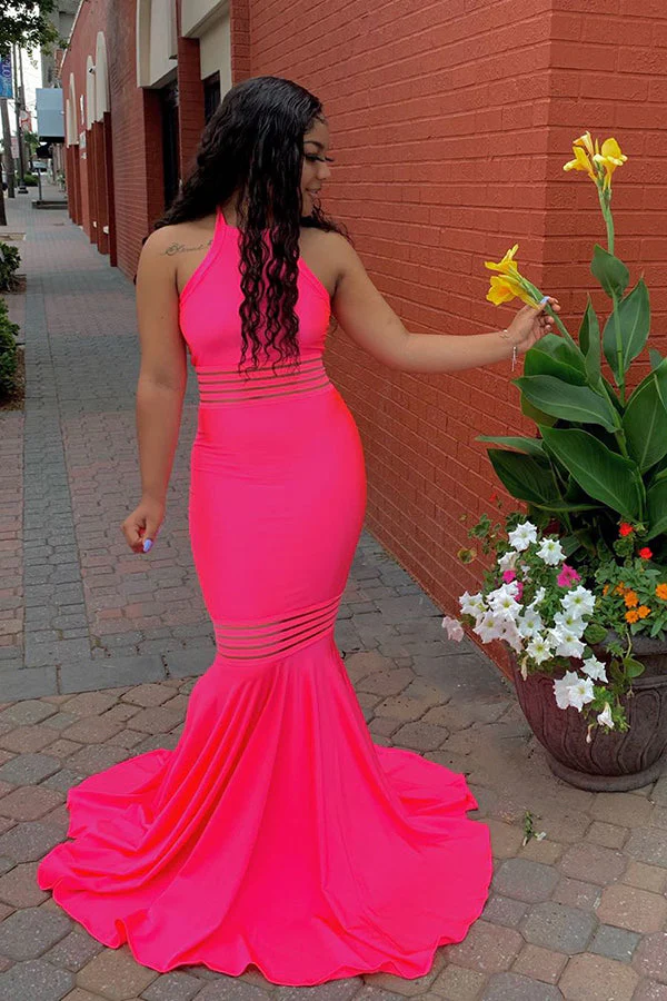 Simple Sleeveless Floor Length Pink Mermaid Prom Dresses - Image 2