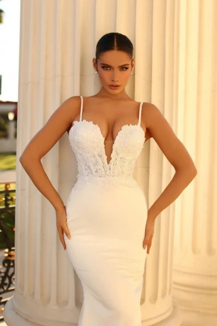 Modern Spaghetti-Straps Sleeveless Mermaid Wedding Dresses Online With Lace - Image 3