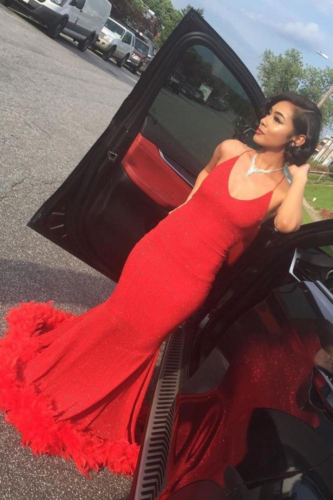 Simple Spaghetti V-neck Mermaid Long Prom Dresses with Fur Train - Image 2