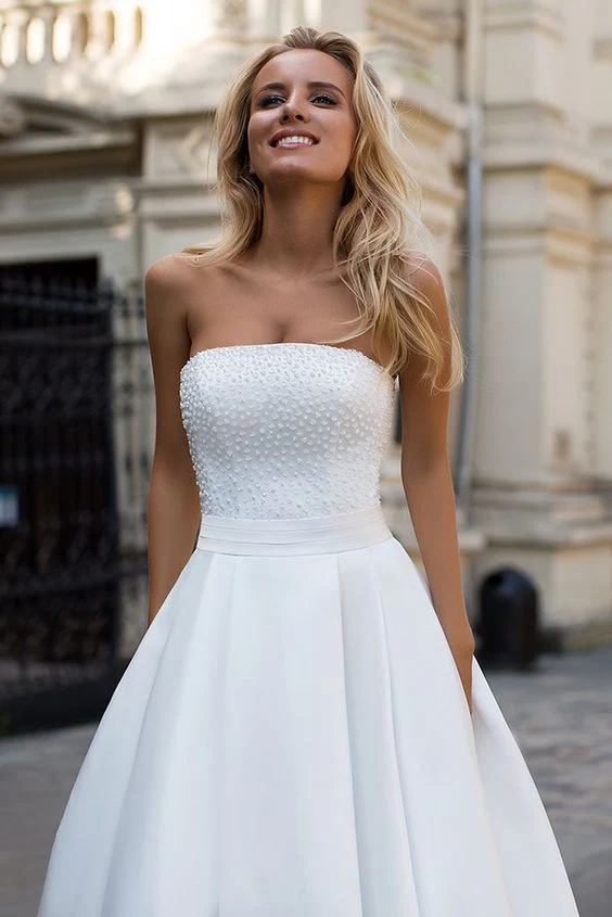 Simple Strapless White A line Zipper up A line Princess Wedding Dress - Image 3