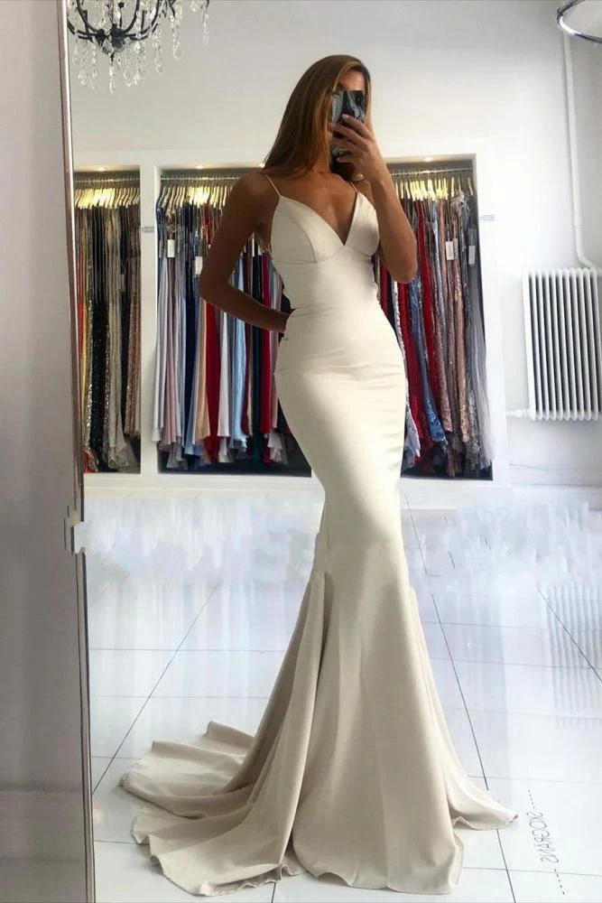 Simple style V-neck Mermaid Ivory Spaghetti Strap Evening Dress - Image 2