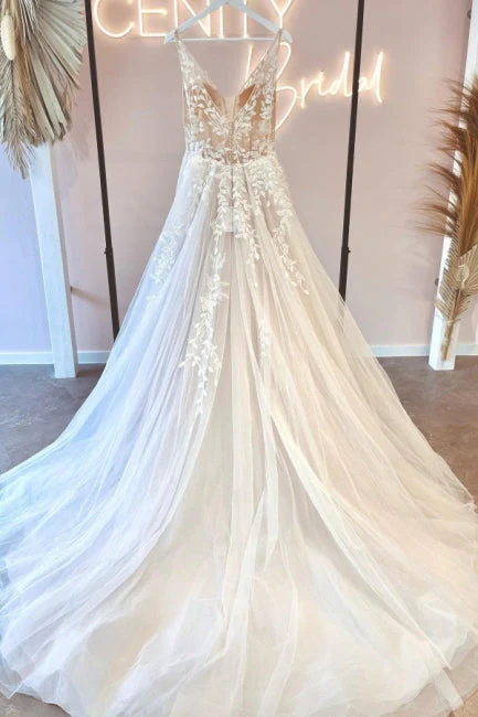 Modern Long V-Neck Sleeveless Lace Wedding Dresses Online - Image 2