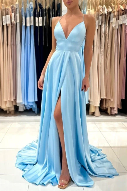 Ballbella Chic V-neck Sleeveless Satin Evening Dress With Slit Long Blue - Image 5