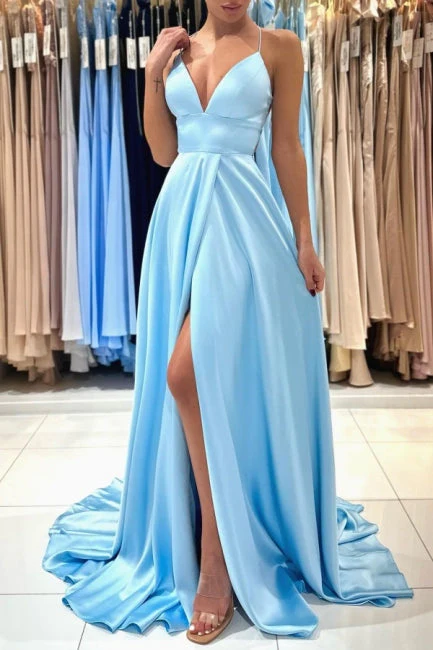 Ballbella Chic V-neck Sleeveless Satin Evening Dress With Slit Long Blue - Image 6
