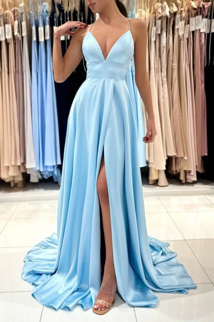 Ballbella Chic V-neck Sleeveless Satin Evening Dress With Slit Long Blue - Image 7