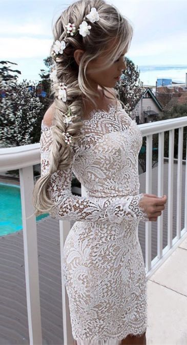 Simple White Long-Sleeve Mermaid Short Cocktail Party Dresses - Image 4