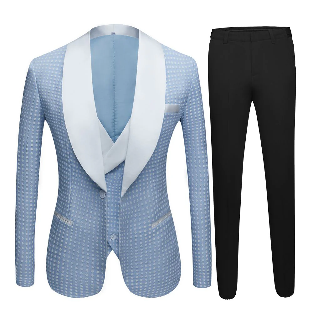 Sky Blue Fashion Dot Wedding Groom Suits with Shawl Lapel - Image 4