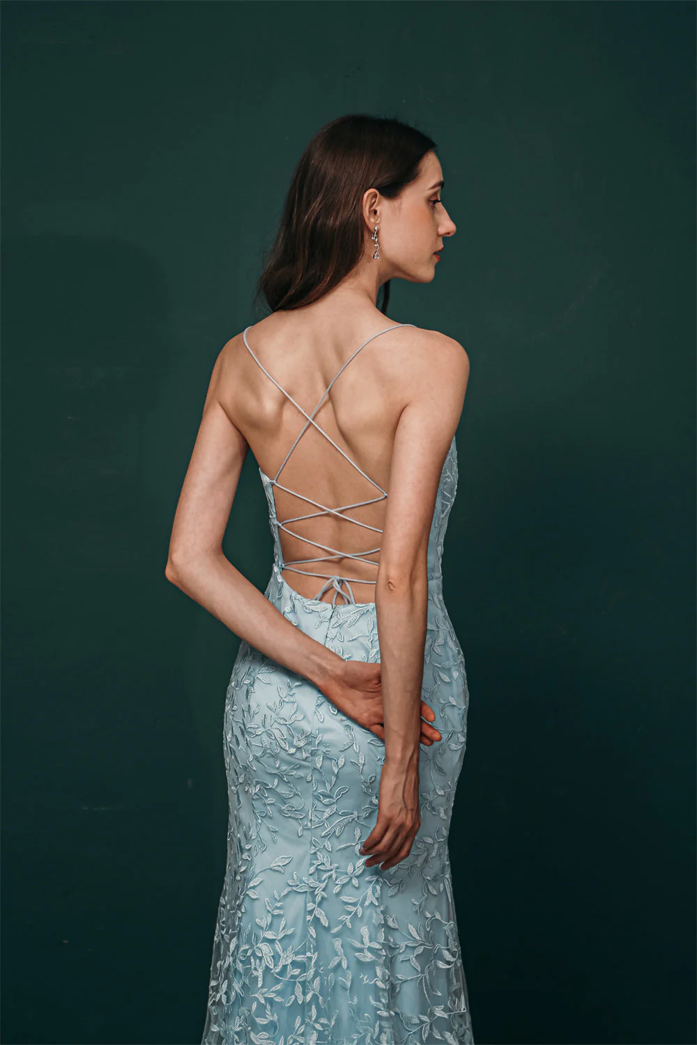 Sky blue Lace Criss-cross back Mermaid Prom Dress - Image 2