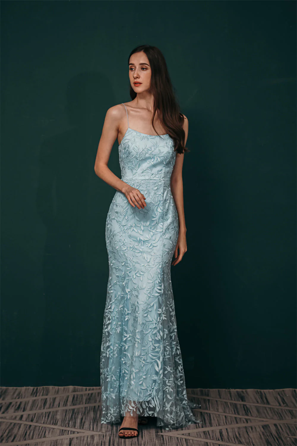 Sky blue Lace Criss-cross back Mermaid Prom Dress - Image 3