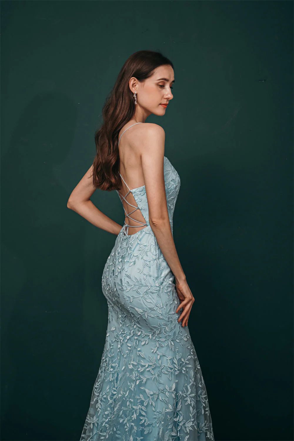 Sky blue Lace Criss-cross back Mermaid Prom Dress - Image 4