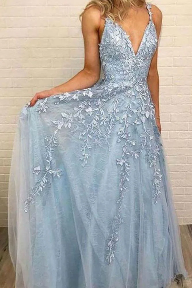 Sky Blue Lace Prom Dresses Deep V-neck A Line Long Party Elegant Floor Length Women Evening Gowns - Image 2