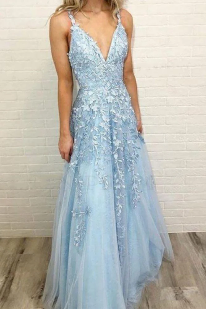 Sky Blue Lace Prom Dresses Deep V-neck A Line Long Party Elegant Floor Length Women Evening Gowns - Image 3