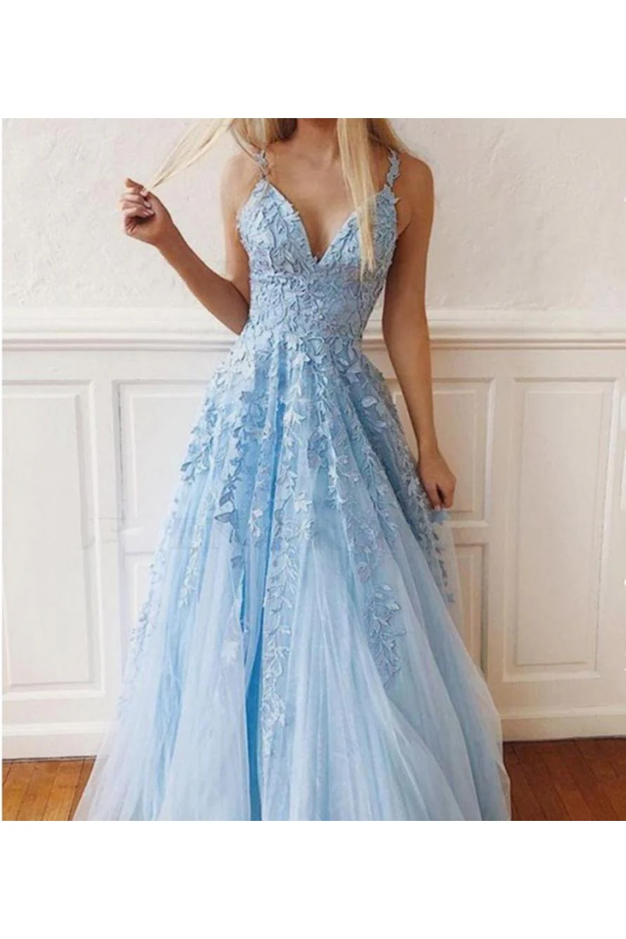 Sky Blue Lace Prom Dresses Deep V-neck A Line Long Party Elegant Floor Length Women Evening Gowns - Image 4