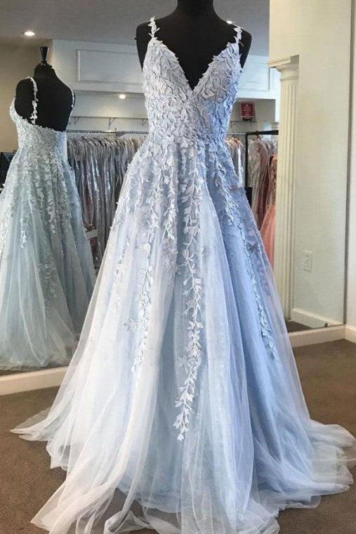 Sky Blue Lace Prom Dresses Deep V-neck A Line Long Party Elegant Floor Length Women Evening Gowns - Image 5