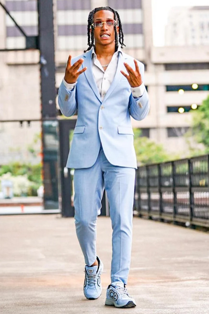 Sky Blue Notched Lapel Close-Fitting Prom Suit - Image 2