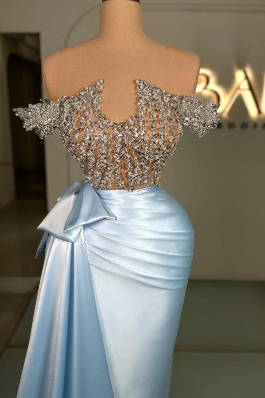 Sky Blue Off the shoulder Silver Beaded Satin Court Train Prom Dresses - Image 2
