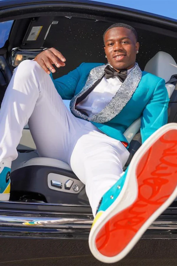 Sky Blue Shawl Lapel Prom Suit with White Beading and Pants - Image 2