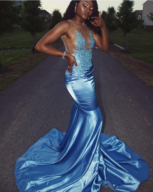 Sky Blue Silk-like Satin Mermaid Lace Appliques Prom Dresses - Image 2