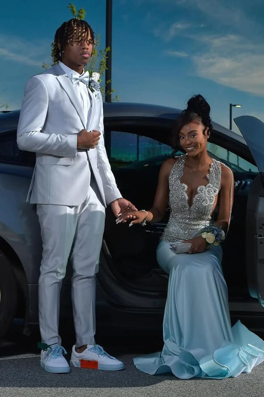 Sky Blue Silver Beaded Satin Mermaid Sleeveless Long Prom Dresses - Image 3