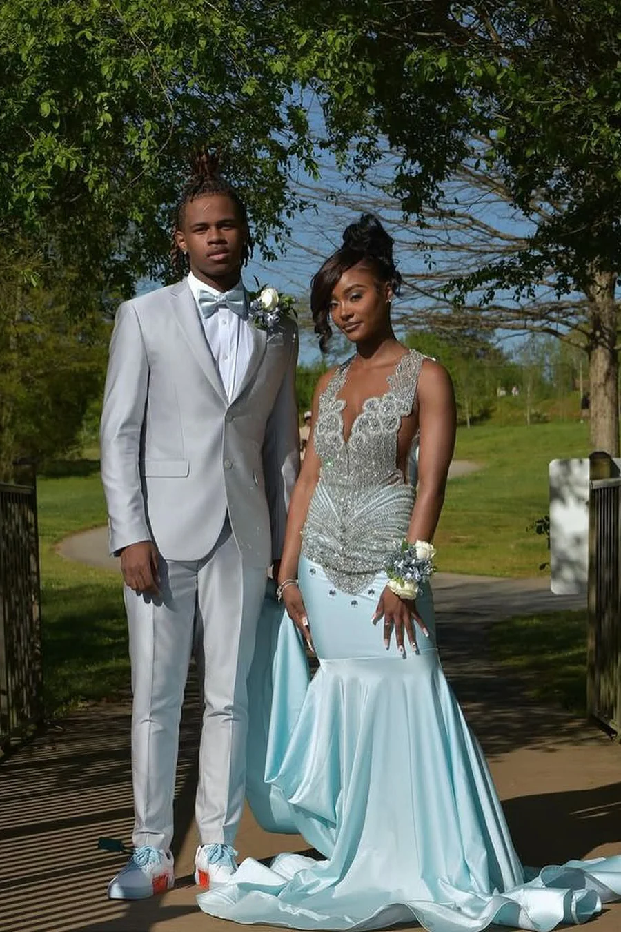 Sky Blue Silver Beaded Satin Mermaid Sleeveless Long Prom Dresses - Image 4