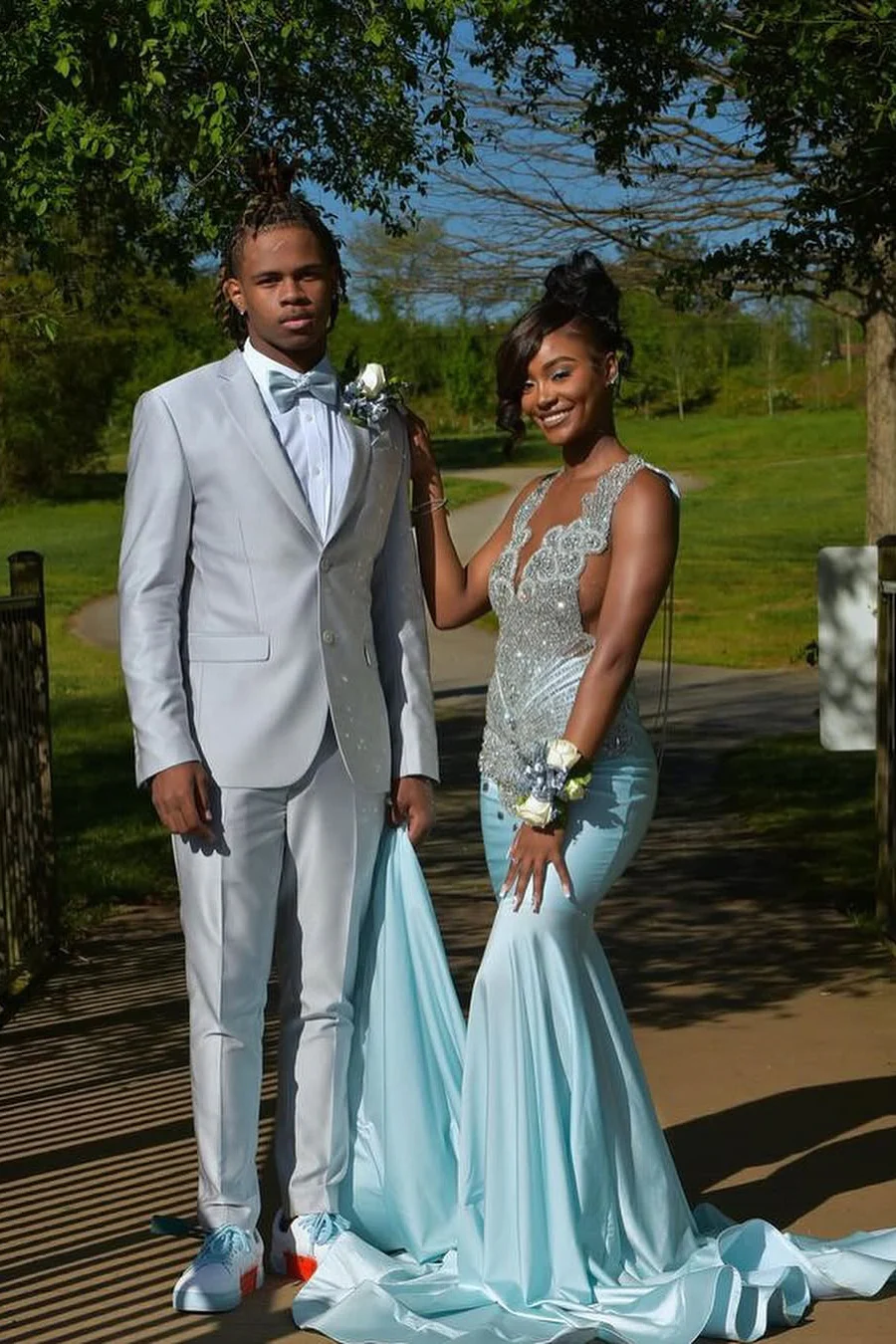 Sky Blue Silver Beaded Satin Mermaid Sleeveless Long Prom Dresses - Image 5