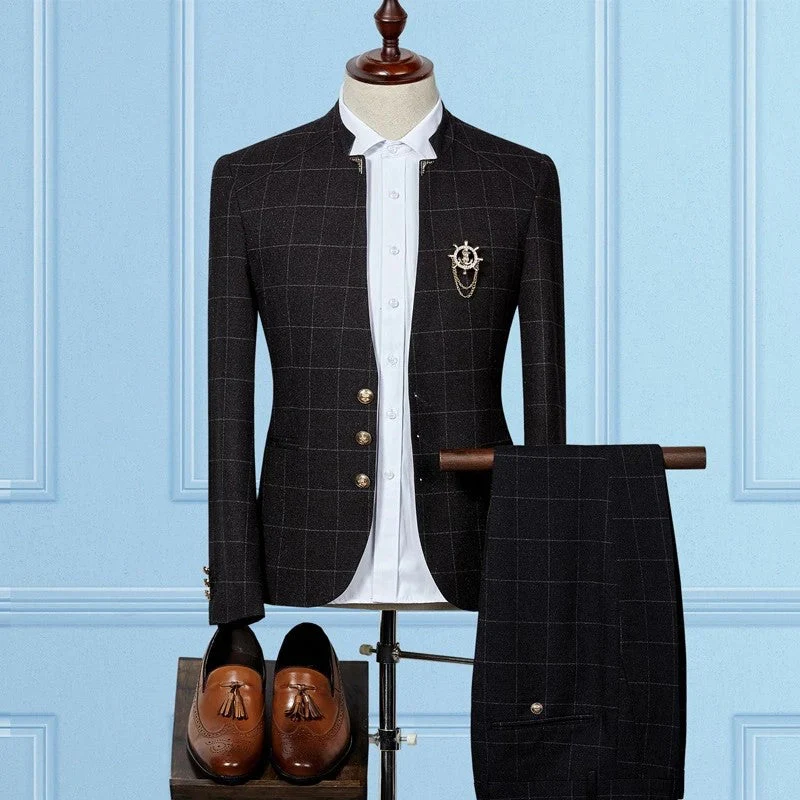 Black Slim Sit Plaid Classic Two Pieces Men Suits Online - Image 2