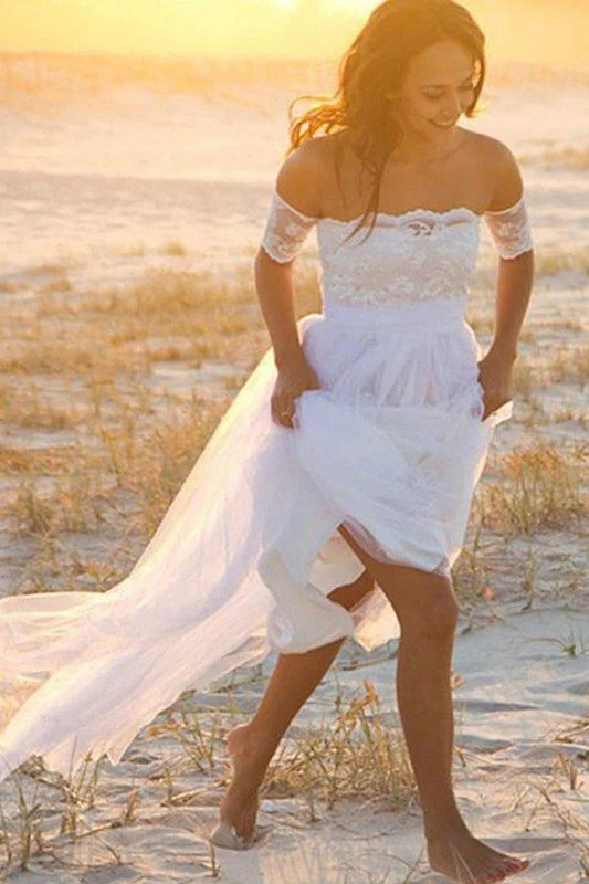 Sleeveless A Line Floor Length Off the Shoulder Lace Chiffon Wedding Dresses - Image 2