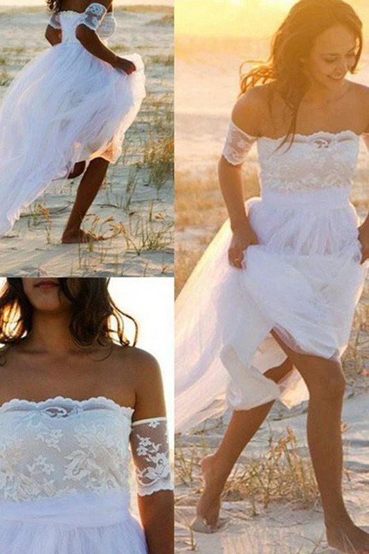 Sleeveless A Line Floor Length Off the Shoulder Lace Chiffon Wedding Dresses - Image 3