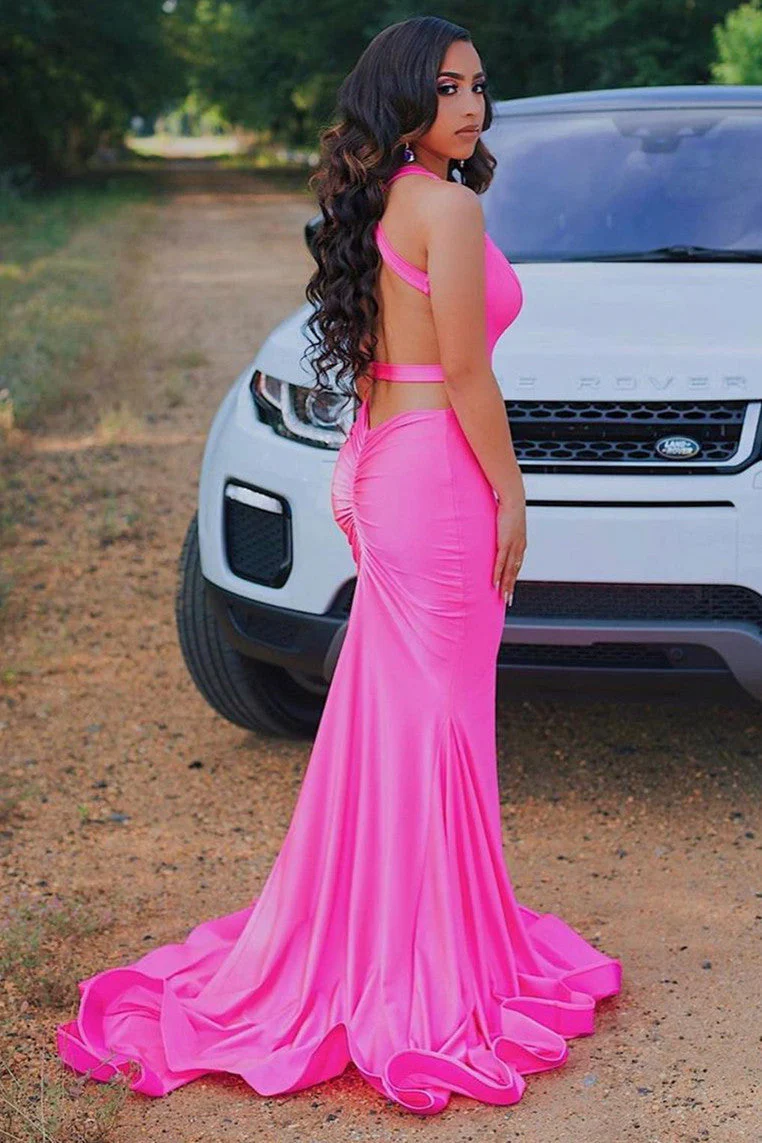 Sleeveless Hot pink Criss-cross back Mermaid Long Train Prom Dresses - Image 2