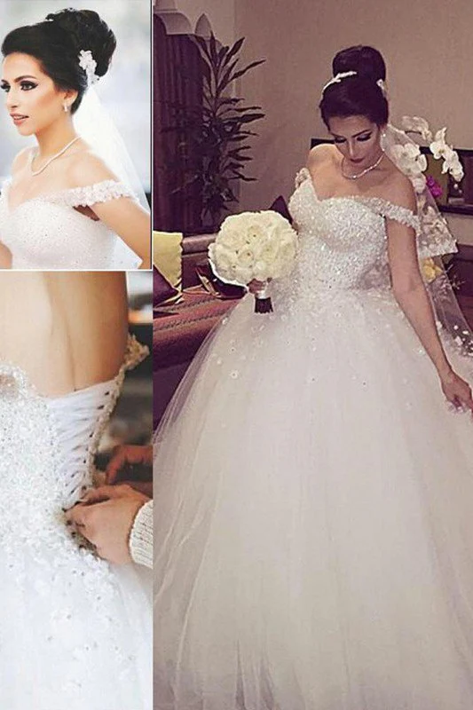 Sleeveless Ball Gown Lace Court Train Tulle Off the Shoulder Wedding Dresses - Image 2