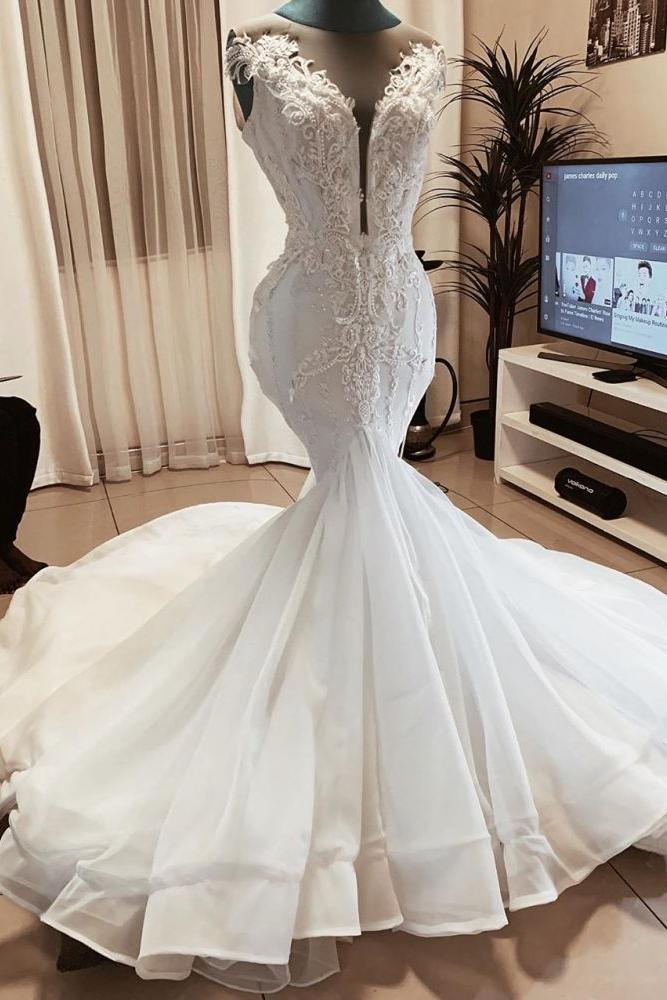 Sleeveless Beads Appliques Mermaid Wedding Dresses Sheer Tulle V neck Tulle Bridal Gowns - Image 2