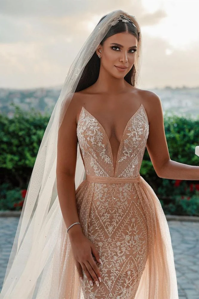 Sleeveless Floral Lace Mermaid Wedding Dress Detachable Train - Image 5