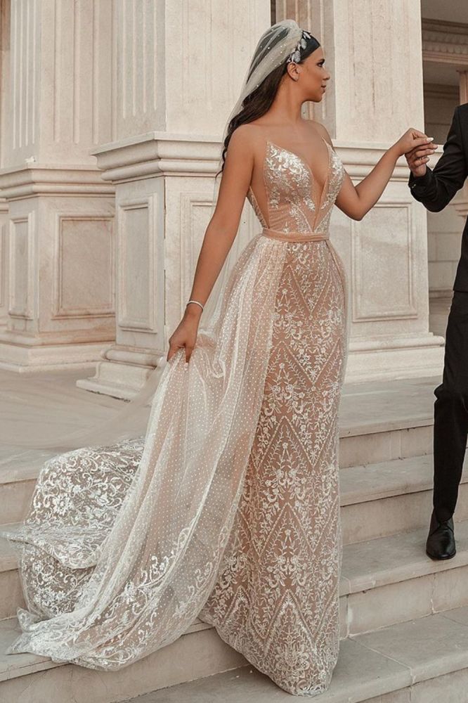 Sleeveless Floral Lace Mermaid Wedding Dress Detachable Train - Image 8